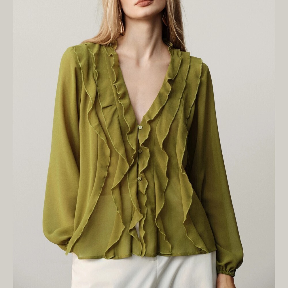 Kelly Green Ruffle Trim V Neck Button Front Blouse with Bishop Sleeves
